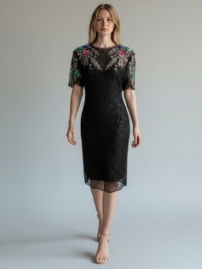 SCALA Sequin Beaded Cocktail Evening Dress Black Multi Colour Open Back Medium